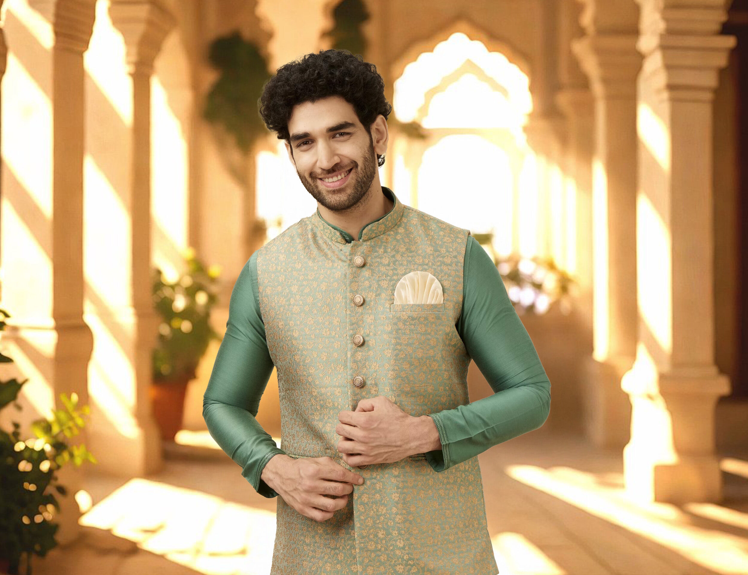 Elegant man dressed in a green Nehru jacket, effortlessly blending tradition with modern style.